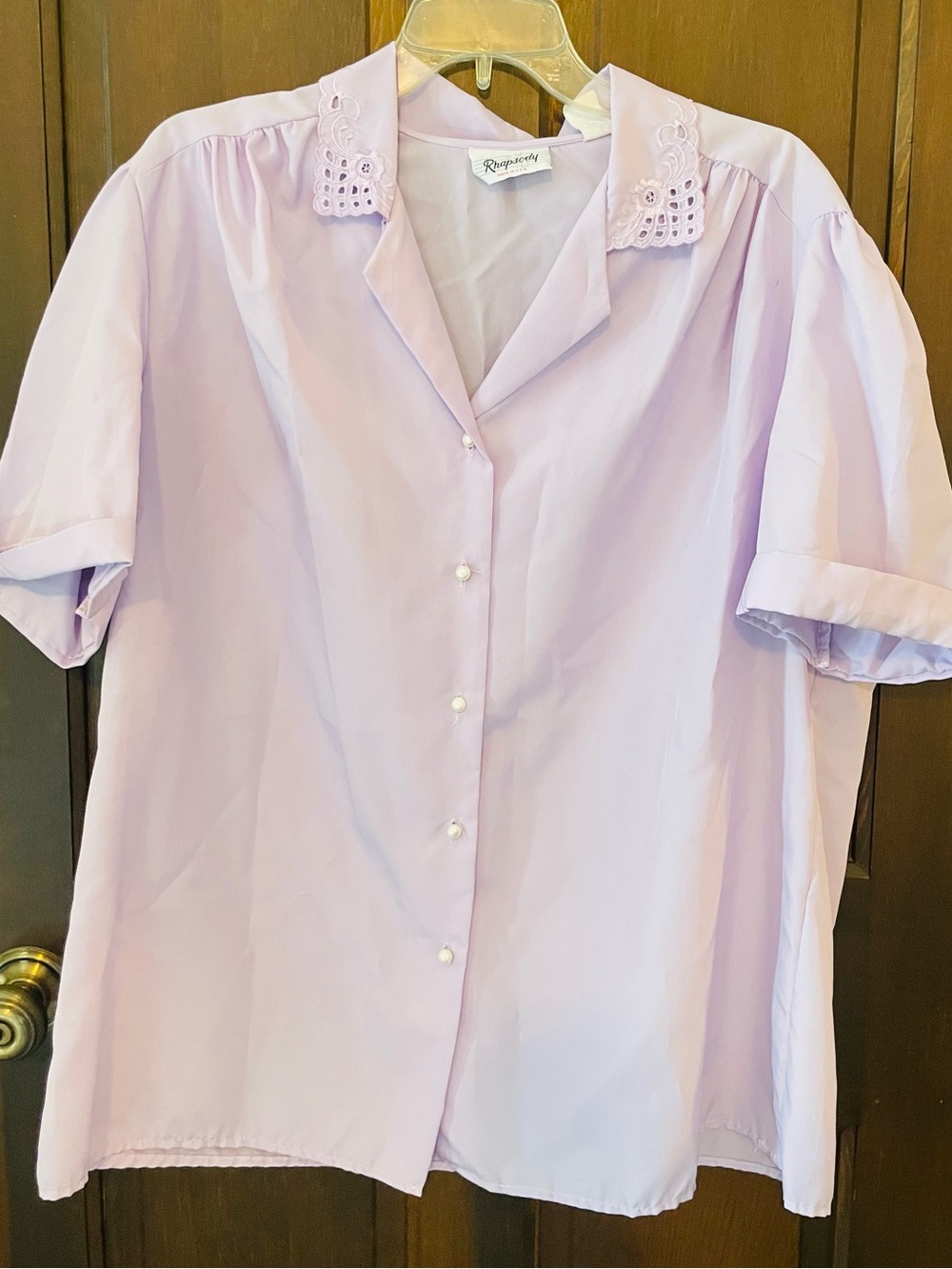 Vintage Light Lavender Button-Up Blouse with Eyelet Collar